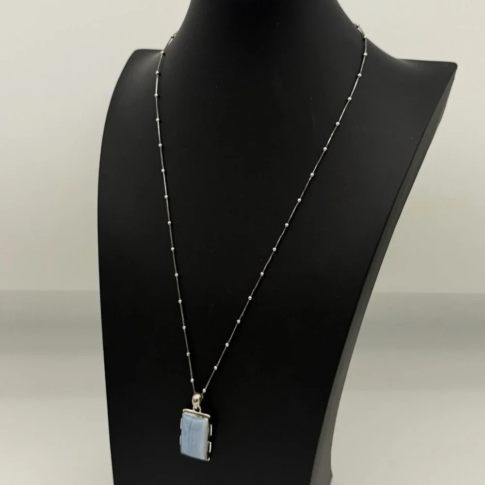 Vtg 925 Sterling Silver Blue Lace Agate Pendant Necklace Box Ball İtaly Chain 26